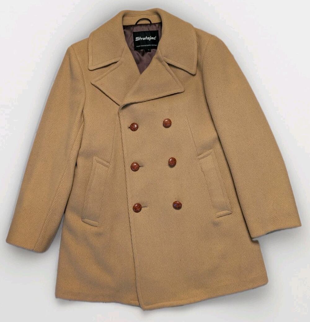 Vintage Stratojac Double Breasted Pea Coat Mens 36 Tan Wool Union Made Heavy